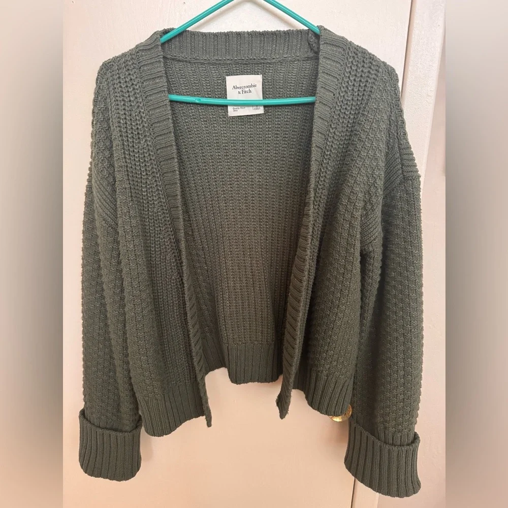 Abercrombie & Fitch Olive Green Open-Front Chunky Knit Cardigan
